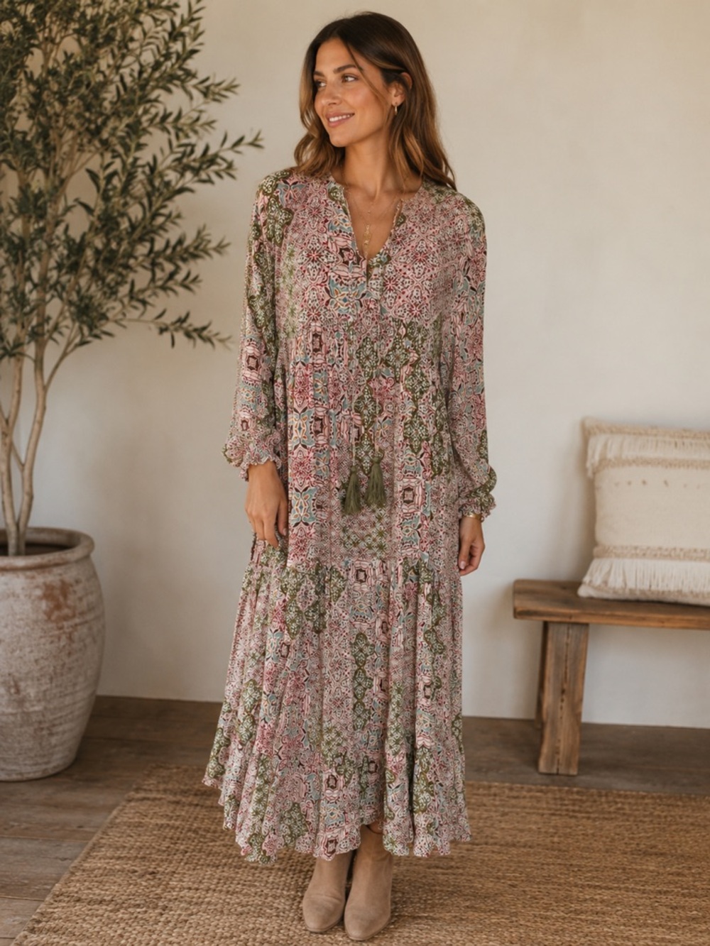 Carly Jean Los Angeles Pink & Green Floral Boho Maxi Dress